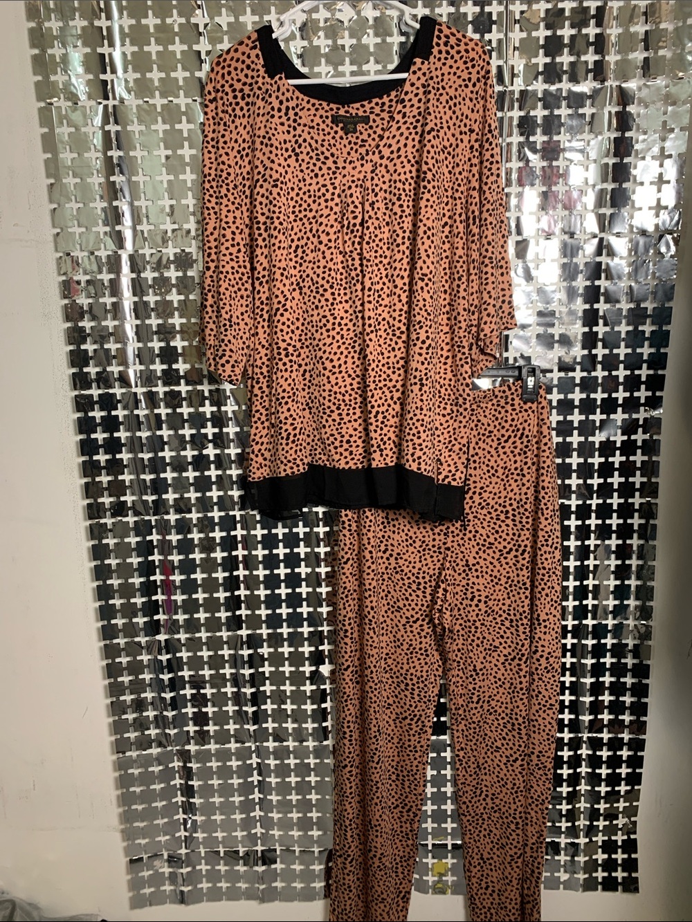 Donna Karan Peach Leopard Print Pajama Set with Black Trim